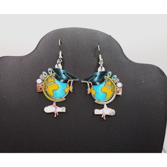 Graduation Globe Earrings Acrylic Teacher Gift School Theme Statement Jewelry - Picture 2 of 2